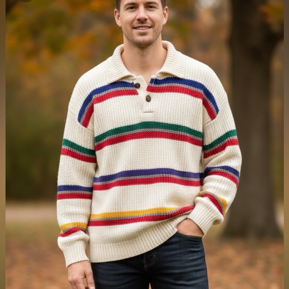 1980s Boston Trader 100% pure wool boathouse row striped Henley sweater L